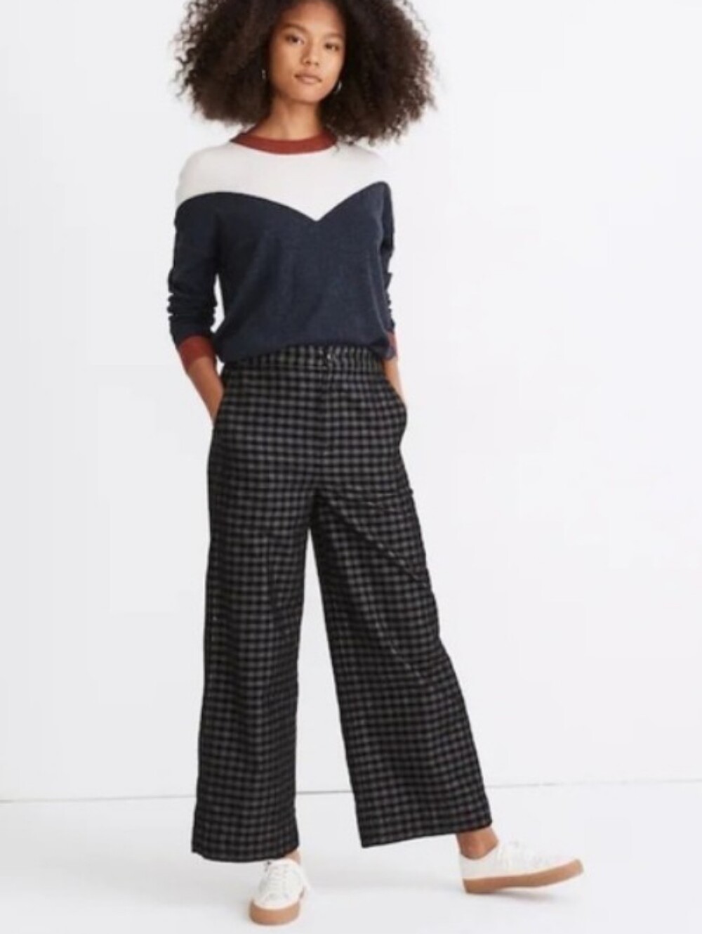 Madewell Huston Button-Front Wide Leg Ankle Pants in Checked Corduroy